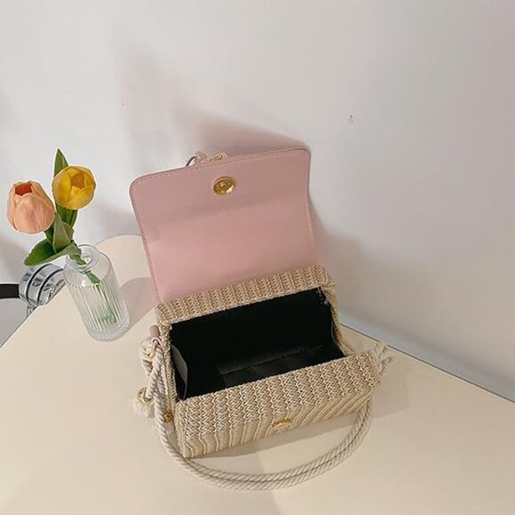 Neiman Marcus Pink Straw & Leather Flap Gold Hardware Crossbody - Picture 2 of 5